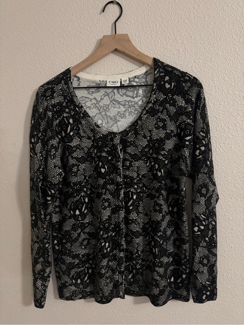 Cato Black & Cream Lace-Effect Button Cardigan